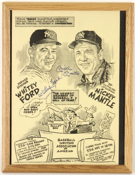 1974 Signed Framed Mickey Mantle Whitey Ford 14" x 18" New York Yankees Hall of Fame Comic (JSA)