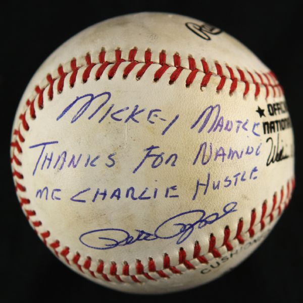 1994-99 Pete Rose Cincinnati Reds Single Signed & Inscribed Mickey Mantle Thanks For Calling Me Charlie Hustle ONL White Baseball (JSA)