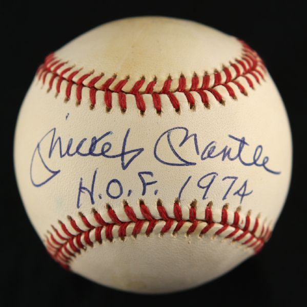 1984-94 Mickey Mantle New York Yankees Single Signed OAL Brown Baseball w/ H.O.F. 1974 Inscription (JSA)