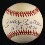 1984-94 Mickey Mantle New York Yankees Single Signed OAL Brown Baseball w/ H.O.F. 1974 Inscription (JSA)