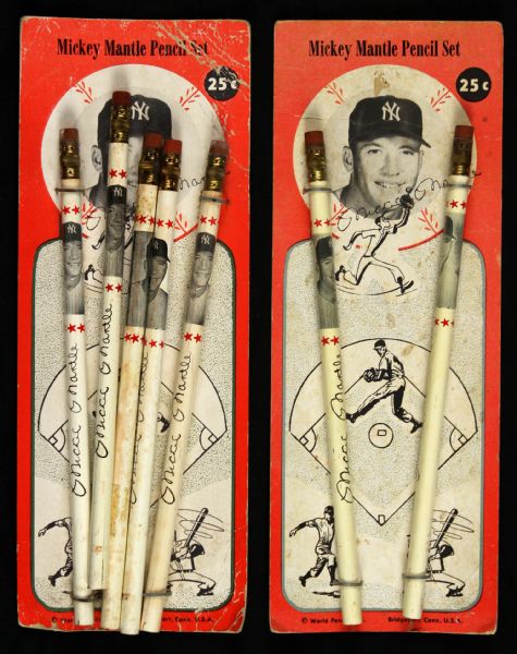 1950s Mickey Mantle New York Yankees Pencil Collection - Lot of 7 w/ 2 Cards