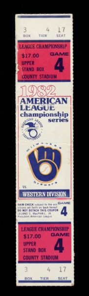 1982 Harvey Kuenn Milwaukee Brewers Signed ALCS Game 4 Ticket *JSA*