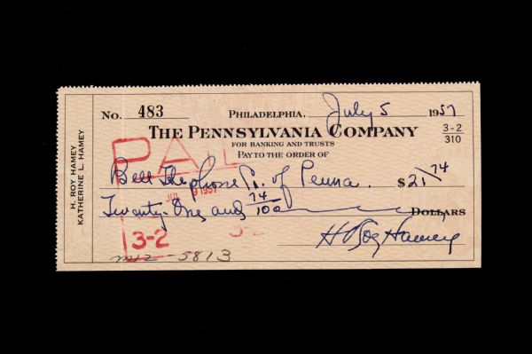 1957 H. Roy Hamey New York Yankees Signed Check *JSA*