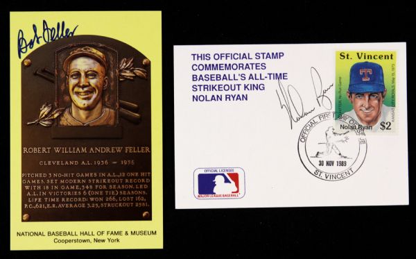 1989 circa Nolan Ryan Bob Feller Texas Rangers Cleveland Indians Signed Postcards - Lot of 2 (JSA)