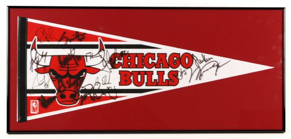 1990s Framed Signed Chicago Bulls Pennant 14 Signatures w/ Michael Jordan (Clubhouse) Scottie Pippen 15" x 33" (JSA)