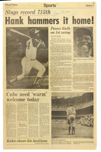 1974 Hank Aaron Atlanta Braves Signed Chicago Tribune Sports Section (JSA)