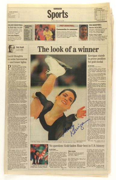 1994-2002 Nancy Kerrigan Signed Newspaper & Apollo Ohno Signed Beret - Lot of 2 (JSA)
