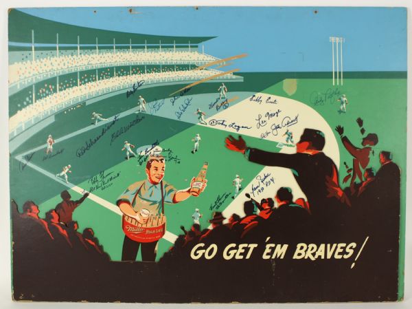 1950s Milwaukee Braves Multi Signed "Go Get Em Braves!" 35" x 47" Miller Beer Broadside w/ 22 Signatures Including Spahn, Mathews, Crandall & More (JSA)