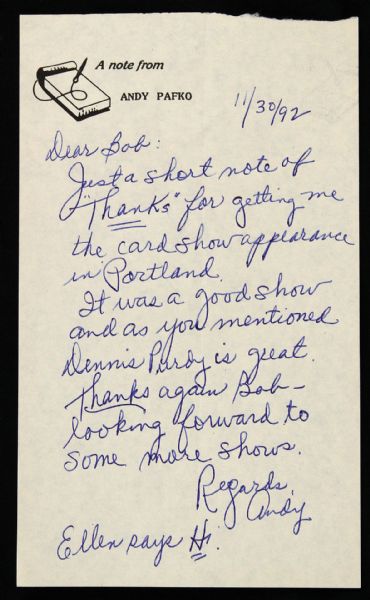 1992 Signed Andy Pafko Letter Milwaukee Braves Chicago Cubs Brooklyn Dodgers (JSA)
