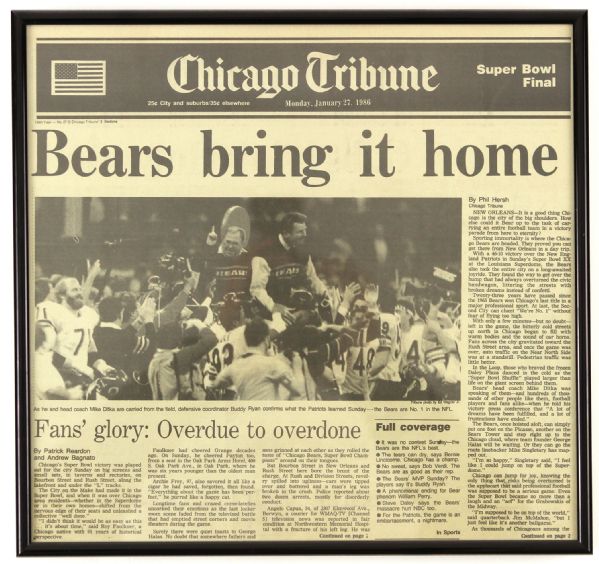 1986 (January 27) Super Bowl Champion Chicago Bears 13" x 14" Framed Chicago Tribune Front Page
