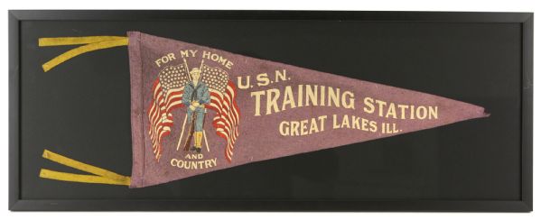 1917-19 WW1 USN Training Station Great Lakes IL "For My Home and Country" 14" x 38" Framed Felt Pennant