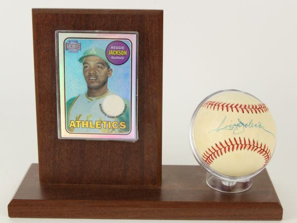 1984-2001 Reggie Jackson Oakland Athletics Display w/ Signed OAL Brown Baseball & 2001 Topps Archive Reserve Game Worn Jersey Card (JSA)