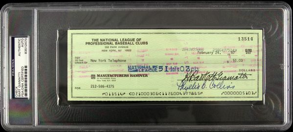 1987 Bart Giamatti MLB Commissioner Signed Check (PSA/DNA Slabbed)