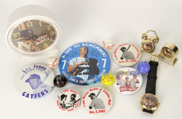 1960s-90s Mickey Mantle Memorabilia Collection Clocks Watches Pinback Buttons Marbles (Lot of 13)