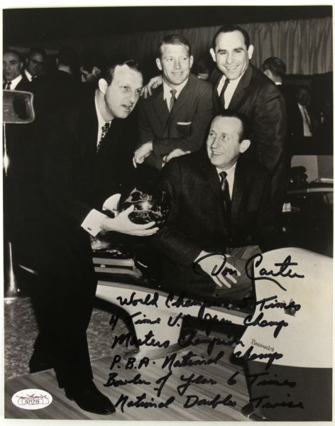 1989 Don Carter ABC/PBA Hall of Fame Bowler Signed Collection - Lot of 2 Including Photo w/ Mantle, Berra & Musial (JSA)