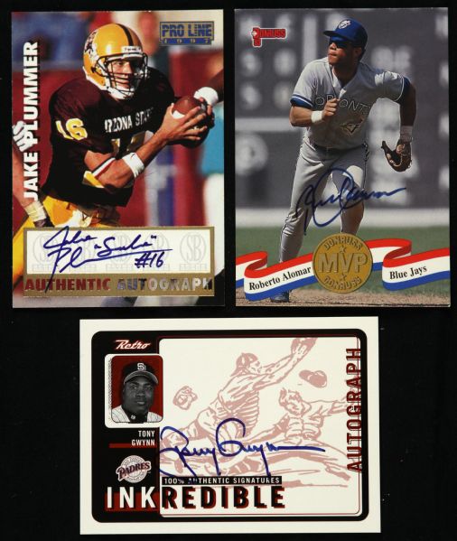 1992-99 Tony Gwynn Roberto Alomar Jake Plummer 3 Card Signed Trading Card Lot (JSA)