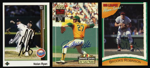 1989-96 Nolan Ryan Catfish Hunter Brooks Robinson Signed Baseball Cards - Lot of 3 (JSA)