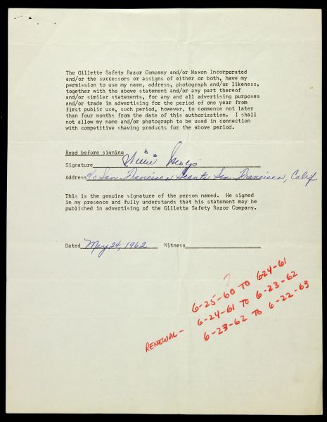 1962 Willie Mays San Francisco Giants Gillette Razor Signed Contract (JSA)