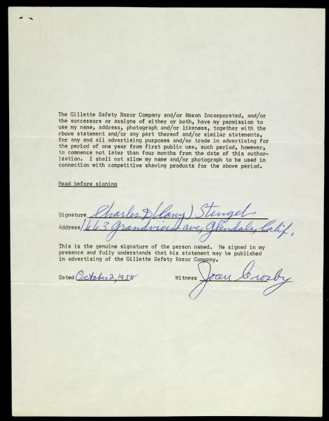 1958 Casey Stengel New York Yankees Gillette Razor Signed Contract (JSA)