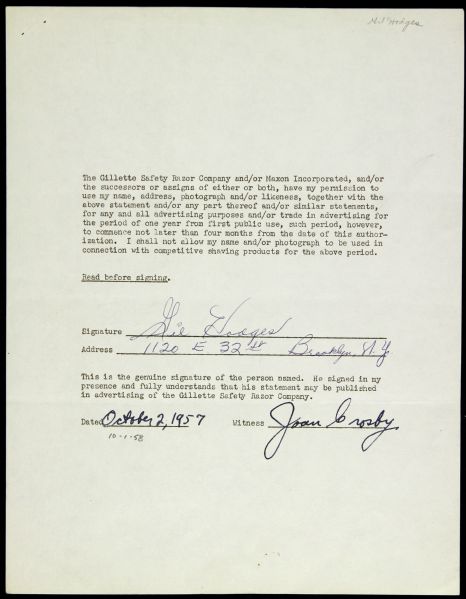 1957 Gil Hodges Brooklyn Dodgers Gillette Razor Signed Contract (JSA)