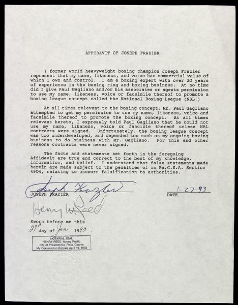 1993 Joe Frazier World Heavyweight Champion Signed & Notarized Affadavit (JSA/Frazier Family LOA)