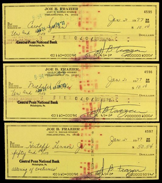 1977 Joe Frazier World Heavyweight Champion Signed Check Collection - Lot of 3 (JSA/Frazier Family LOA)