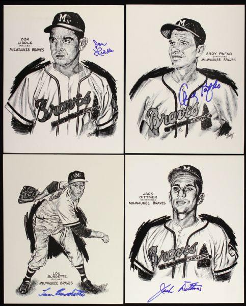 1950s Marshal Merrill Prints Andy Pafko Lou Burdette Jack Dittmer Don Liddle Milwaukee Braves Signed 8" x 10" Prints - Lot of 4 (JSA)