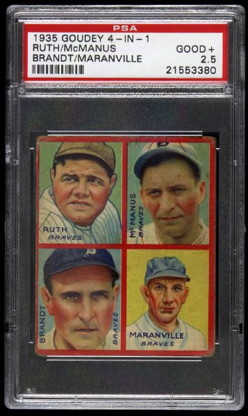 1935 Babe Ruth Marty McManus Ed Brandt Rabbit Maranville Boston Braves Goudey 4-in-1 Trading Card (PSA 2.5 Good+)