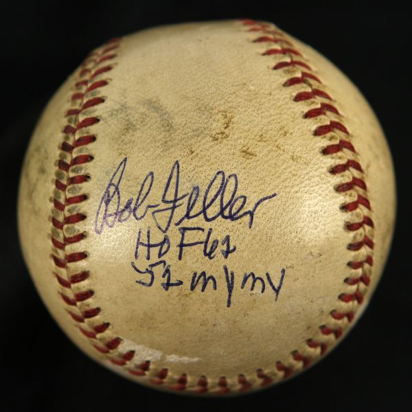 1952 Bob Feller Cleveland Indians Signed Game Used OAL Harridge Baseball Municipal Stadium (JSA/MEARS LOA)