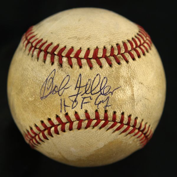 1952 Bob Feller Cleveland Indians Signed Game Used OAL Harridge Baseball Municipal Stadium (JSA/MEARS LOA)
