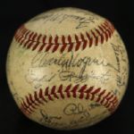 1942-43 Unites States Navy Signed OAL Harridge Game Used Baseball w/ 19 Signatures Phil Rizzuto Dom Dimaggio (JSA)