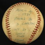 1975 (April 30) Steve Carlton (Win Ball) -  Barry Foote Hit Olympic Stadium Game Used ONL Feeney Baseball (MEARS LOA)
