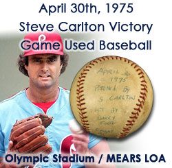 1975 (April 30) Steve Carlton (Win Ball) -  Barry Foote Hit Olympic Stadium Game Used ONL Feeney Baseball (MEARS LOA)