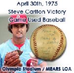 1975 (April 30) Steve Carlton (Win Ball) -  Barry Foote Hit Olympic Stadium Game Used ONL Feeney Baseball (MEARS LOA)