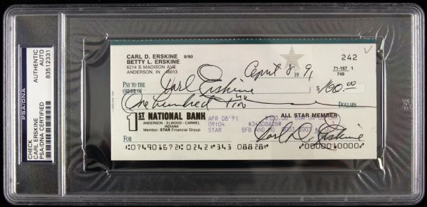 1991 Carl Erskine Brooklyn Dodgers Triple Signed Check (PSA/DNA Slabbed)