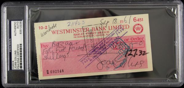 1961 Joan Collins Signed Check (PSA/DNA Slabbed)
