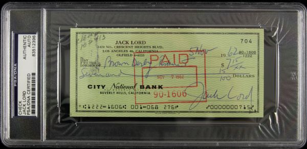 1962 Jack Lord "Hawaii Five-Os Steve McGarrett" Signed Check (PSA/DNA)