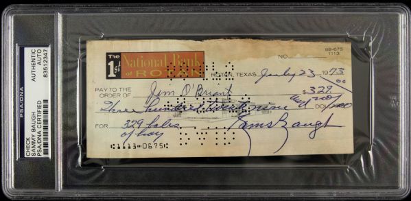 1973 Sammy Baugh Washington Redskins Signed Check (PSA/DNA Slabbed)