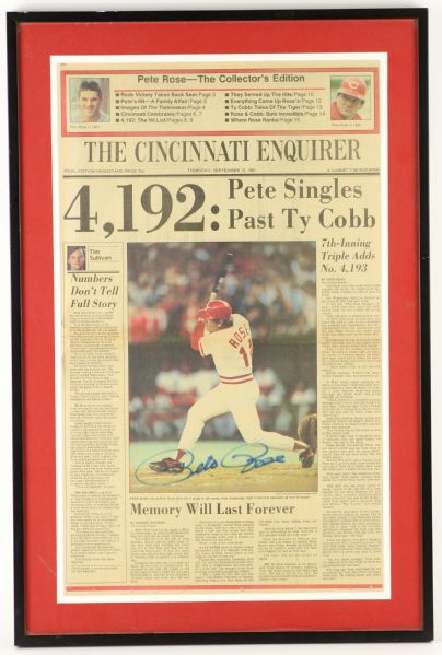 1985 Pete Rose Cincinnati Reds Signed 17" x 26" Framed Cincinnati Enquirer w/ 4,192 Headline (JSA)