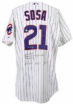 2011 (August 22) Sammy Sosa Chicago Cubs Signed & Inscribed Three Homer Game Worn Home Jersey (MEARS LOA/JSA) 