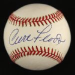 1984-94 Curt Flood St. Louis Cardinals Signed OAL Brown Baseball (JSA)