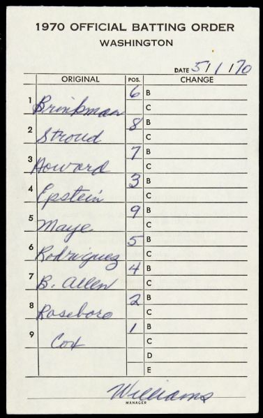 1970 Ted Williams Washington Senators Signed Official Line Up Card (JSA)
