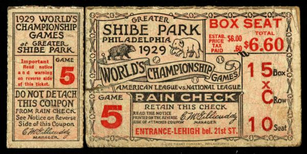 1929 Philadelphia Athletics Chicago Cubs Game 5 World Series Ticket and Stub (Athletics Championship Clinching Game)