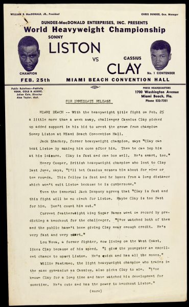 1964 Sonny Liston Cassius Clay 8 1/2" x 14" Title Fight Press Release