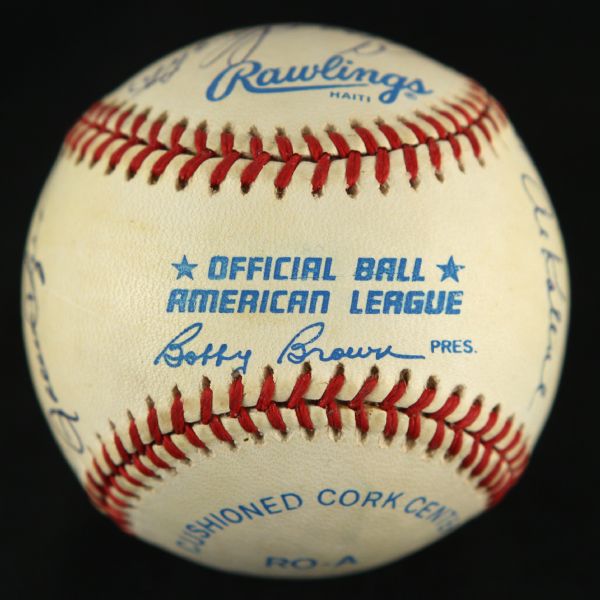 1984-94 Signed Hall of Fame OAL Brown Baseball w/ 14 Signatures Stargell Mathews Hunter (JSA)