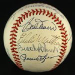 1984-94 Signed Hall of Fame OAL Brown Baseball w/ 14 Signatures Stargell Mathews Hunter (JSA)