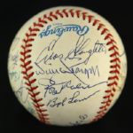 1984-94 Signed Hall of Fame OAL Brown Baseball w/ 14 Signatures Stargell Mathews Hunter (JSA)