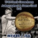 1946 Hank Greenberg Detroit Tigers Signed Game Used Baseball Tiger Stadium (MEARS LOA/JSA)