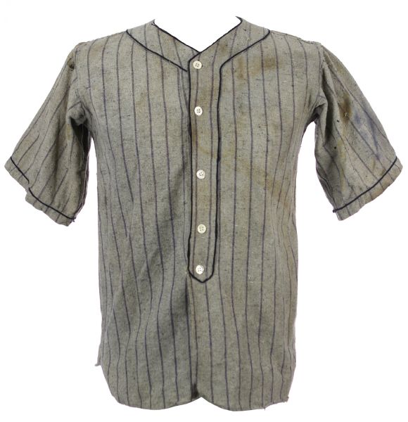 1920s Navy Blue Pinstriped Grey Flannel Game Worn Baseball Uniform w/ Jersey, Pants & Hat