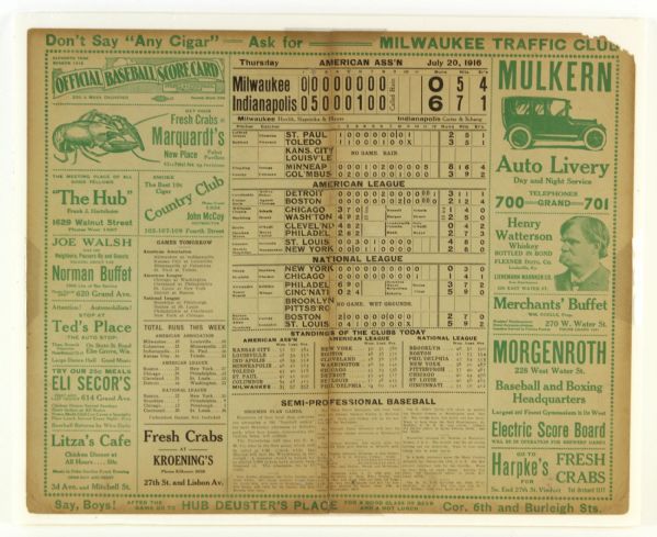 1916 Milwaukee Brewers Indianapolis Indians American Association Scorecard